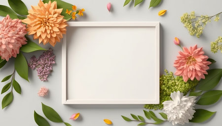 Springtime different flowers border frame with copy space in the middle. beautiful floral background. AI generative image.の素材