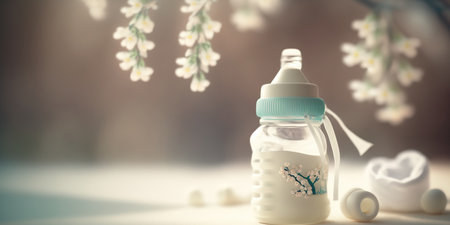 Close up baby milk bottle on beautiful sun shine spring blossom background with copy space. motherhood concept. AI generative image.の素材