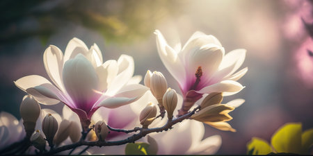 Beautiful horizontal spring banner with close up blooming magnolia branches. big flowers. selective focus. Springtime outdoor background. AI generative image.の素材