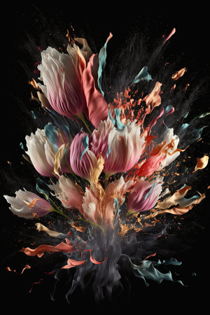 Beautiful abstract tulip flowers bouquet exploding on black background. Mobile floral splash screen vertical template. AI generative image.の素材