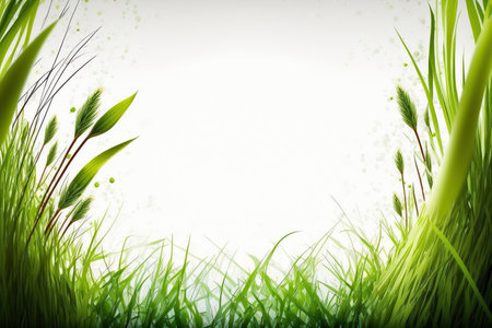 Beautiful abstract spring green grass soft bright light background with copy space. Blank place for text. herbal border. AI generative image.の素材