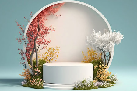 Abstract bright color springtime minimal round podium for product display with flowers. horizontal format. AI generative image.の素材