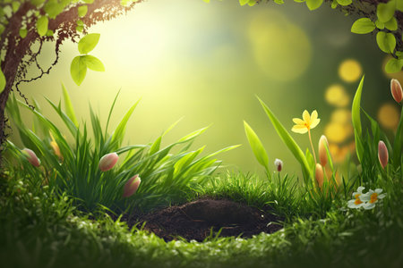 Beautiful selective focus abstract spring green grass background with copy space. Blank place for text. herbal border. AI generative image.の素材