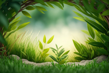 Beautiful abstract spring green grass background with copy space. Blank place for text. herbal border. AI generative image.の素材