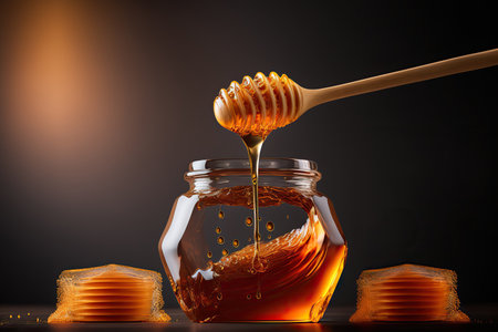 Close up jar of fresh delicious liquid honey with wooden dipper. Indoor background with copy space. AI generative image.の素材