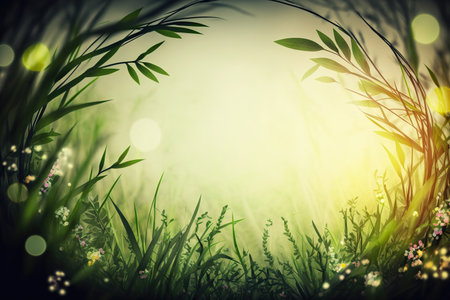 Beautiful abstract spring green grass background with copy space. Blank place for text. herbal border. AI generative image.の素材