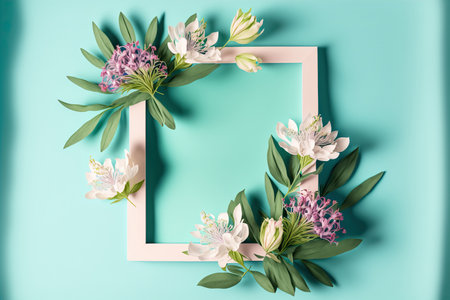 Vertical square frame with beautiful floral decoration made of alstroemeria flowers in different colors. Place for text. Border with blank place for text. Border with blank place for text. AI generated image.の素材