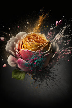 Beautiful close up abstract rose flower made of exploding bright luminescent colors. Artistic floral splash screen with black background. AI generative image.の素材