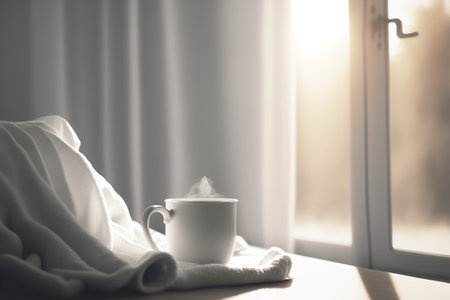 Life style illustration of cozy morning in the bedroom. Cup with hot drink indoor background with copy space. AI generated picture.の素材