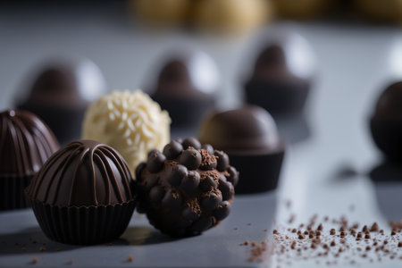 Different close up delicious dark and white chocolate candies.Sweets. AI generative picture.の素材