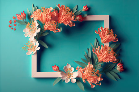 square frame with beautiful floral decoration made of alstroemeria plant with flowers in different colors. Greeting card template with copy space. Border with blank place for text. AI generated image.の素材
