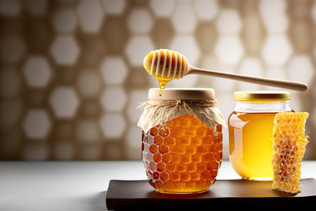 Close up jars of fresh delicious liquid honey with wooden dipper. Indoor background with copy space. AI generative image.の素材