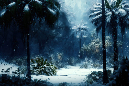 Illustration of frozen jungle or rainforest. Snow on tropical trees and plants. Climate change ecology problem concept. AI generated image.の素材