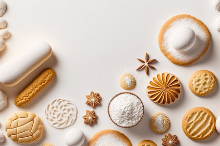 Various fresh and tasty bakery products. Top view close up home made buns and cookies concept. Pastry food collection on white background. Flat lay composition. AI generative image.の素材