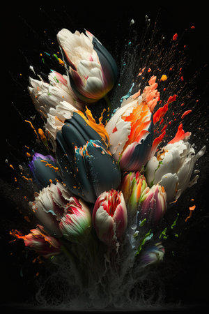 Beautiful abstract tulip flowers bouquet exploding on black background. Mobile floral splash screen vertical template. AI generative image.の素材