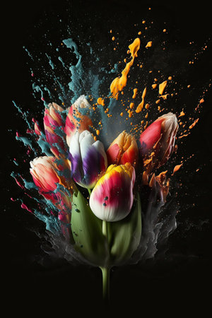 Beautiful abstract tulip flowers bouquet exploding on black background. Mobile floral splash screen vertical template. AI generative image.の素材