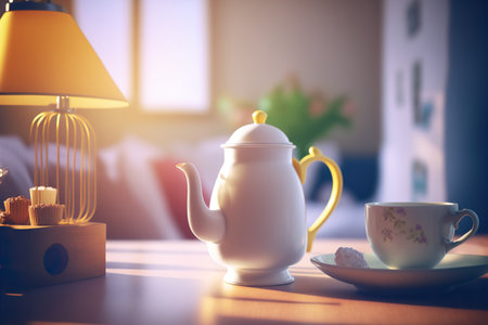 Still life with English teapot with cup and small cupcakes. Cozy morning indoor background. AI generative image.の素材