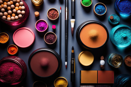 Abstract flat lay background with close up professional make-up products. beauty industry accessories. top view. AI generated picture.の素材