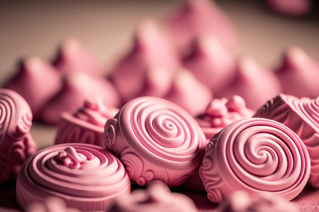 Beautiful close up pink color meringue marshmallows. Zephyr sweets with copy space. Confectionary products. AI generated image.の素材