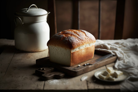 Beautiful rustic still life with home made bread and milk. country living life style. AI generative image.の素材