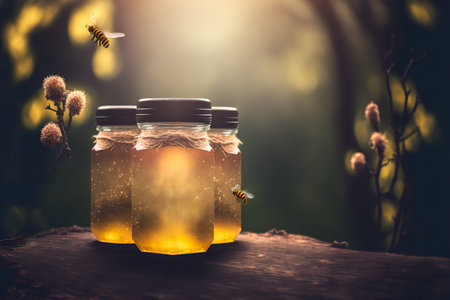 Apiary honey concept backdrop with copy space. AI generated picture.の素材