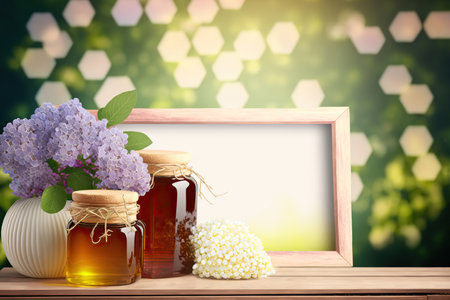 Apiary honey concept backdrop with copy space. AI generated picture.の素材