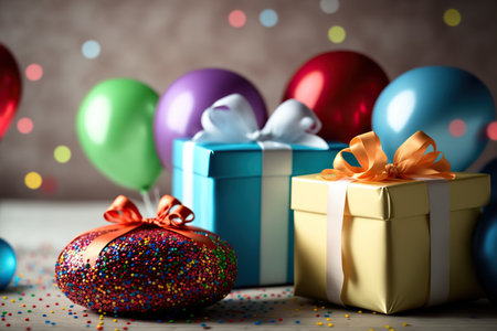 Birthday celebration composition with gift boxes, balloons, silk shiny bows and ribbons, confetti and other holiday decorative elements. selective focus. Indoor blurred background with place for text. AI generated picture.の素材