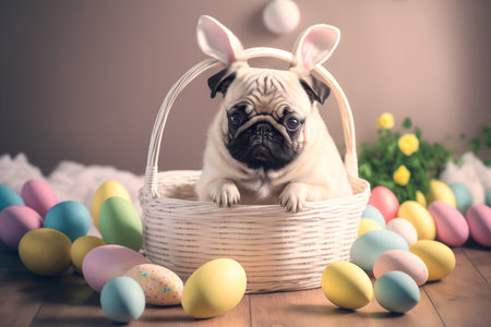 Spring holiday greeting card template with funny puppy wearing rabbit ears. AI generated picture.の素材