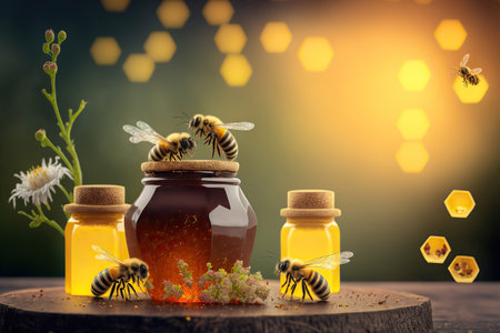 Apiary honey concept backdrop with copy space. AI generated picture.の素材