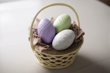 Happy easter greeting layout. Spring time holiday decoration. AI generated picture.の素材