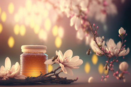 Apiary honey concept backdrop with copy space. AI generated picture.の素材