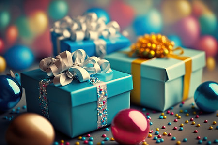 Birthday celebration composition with gift boxes, silk shiny bows and ribbons, confetti and other holiday decorative elements. Indoor blurred background with place for text. AI generated picture.の素材
