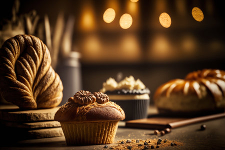 Different baked goods still life illustration. AI generated picture.の素材