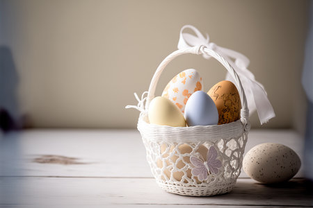 Happy easter greeting layout. Spring time holiday decoration. AI generated picture.の素材