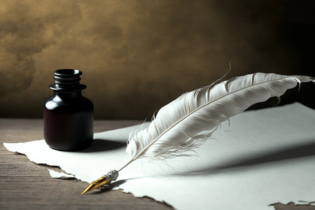 Old paper with goose feather and inkpot. AI generated picture.の素材