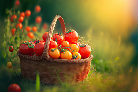 Delicious fresh tomato vegetables in a basket on nature background, healthy diet. AI generated imageの素材