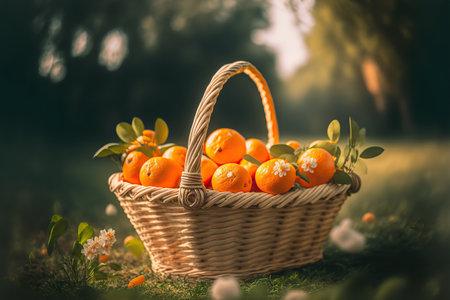 Delicious fresh citrus oranges in a basket on nature background, healthy diet. AI generated imageの素材
