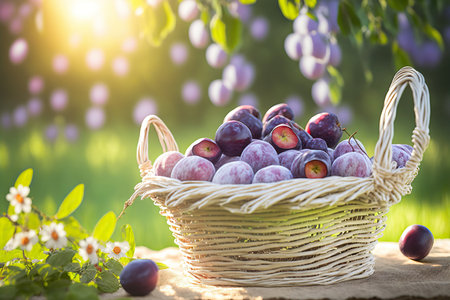 Delicious fresh plums in a basket on nature background, healthy diet. AI generated imageの素材
