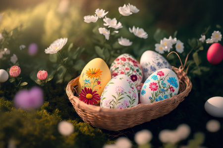 Basket with painted Easter eggs, floral nature background. selective focus. AI generated image.の素材