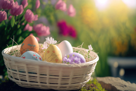 Basket with painted Easter eggs, floral nature background. selective focus. AI generated image.の素材
