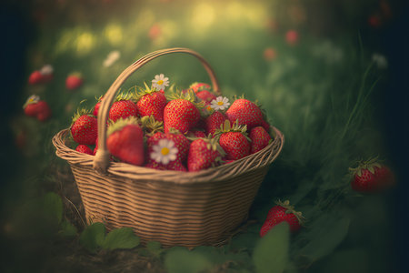 Delicious fresh strawberries in a basket on nature background, healthy diet. AI generated image.の素材