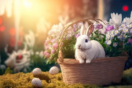 Adorable Easter rabbit with eggs on spring nature background. selective focus. AI generative image.の素材