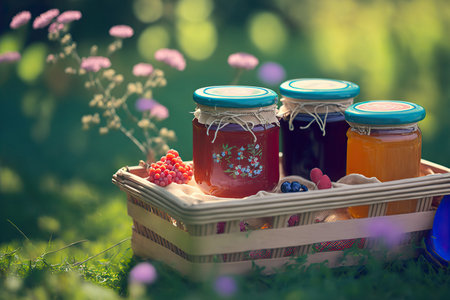 Delicious fruit jams on nature outdoor background. AI generated image.の素材