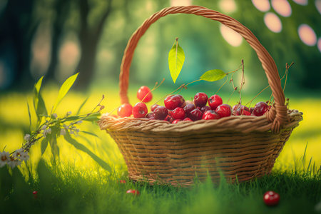 Delicious fresh cherries in a basket on nature background, healthy diet. AI generated image.の素材