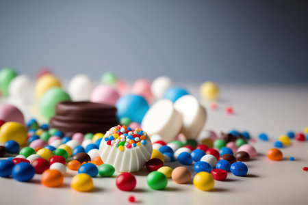 Tasty close up different sweets. Horizontal banner with copy space. AI generated image. Confectionary products. AI generated image.の素材