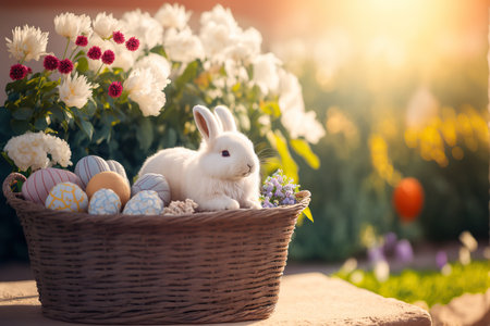 Adorable white Easter rabbit on spring nature background. AI generative image.の素材