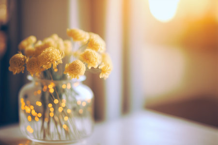Spring time still live with bouquet of flowers in vase on blurred window horizontal background. AI generative image.の素材