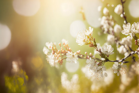 Blooming tree nature scene, abstract orchard illustration with place for text. AI generated picture.の素材
