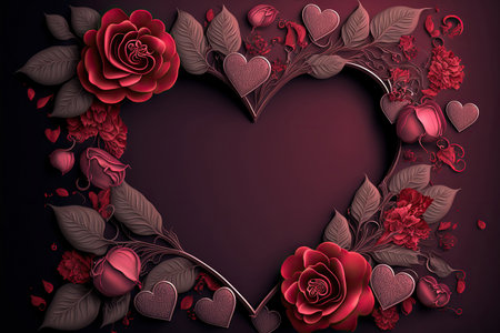 St. Valentine greeting card layout with hearts and roses. Blank place for text. AI generated picture.の素材