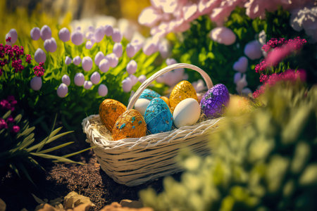 Basket with painted Easter eggs, floral nature background. selective focus. AI generated image.の素材